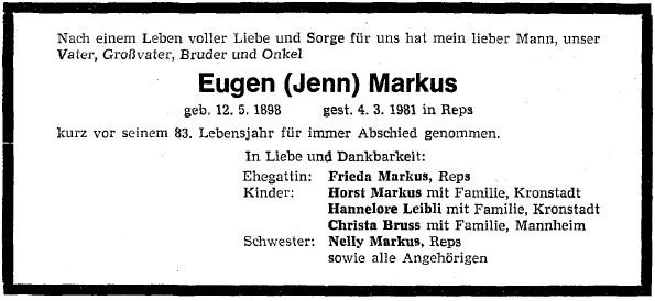 Markus Eugen 1898-1981 Todesanzeige